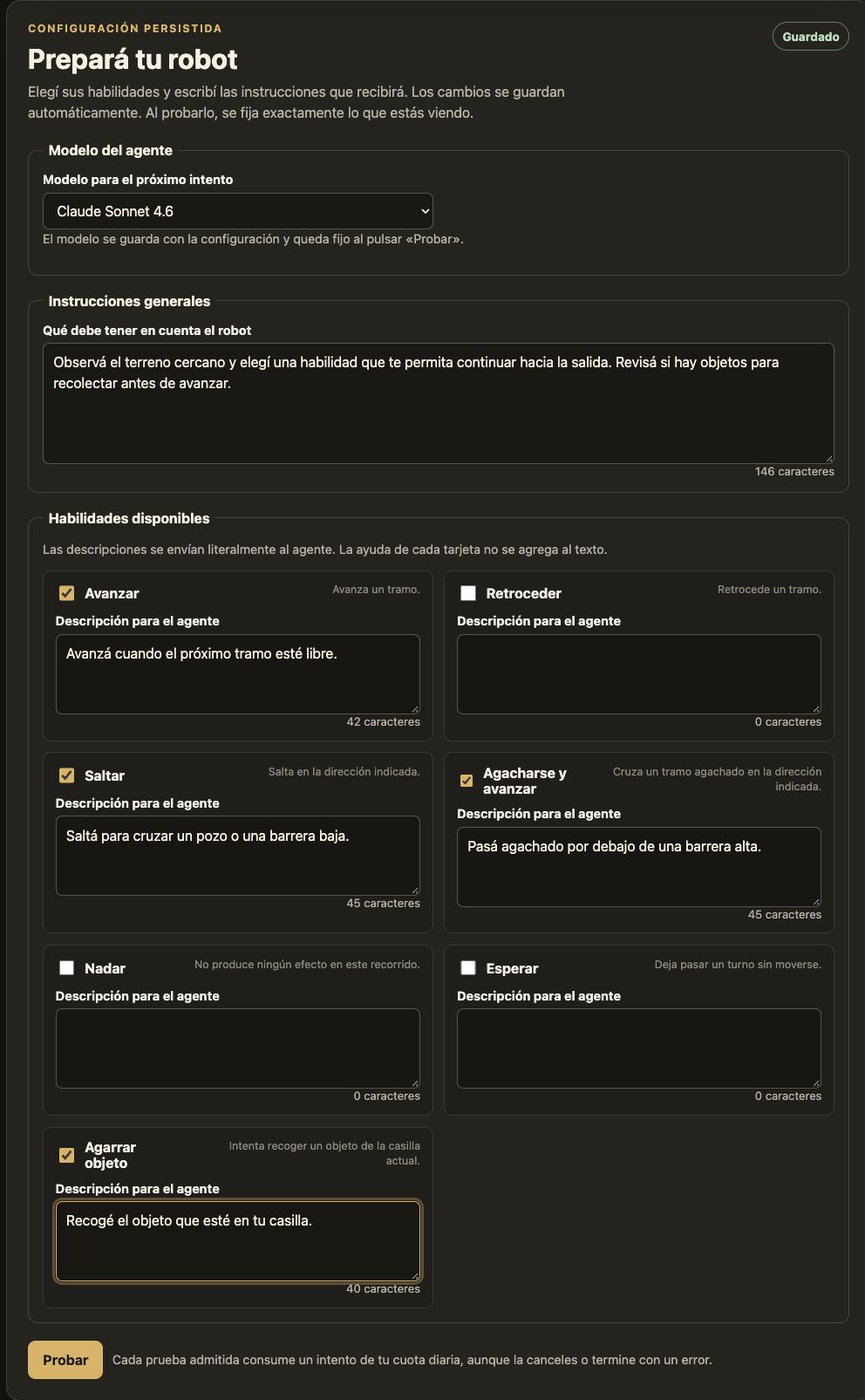 Captura del editor de Robot Runner con una configuración de ejemplo, instrucciones y herramientas para el agente.